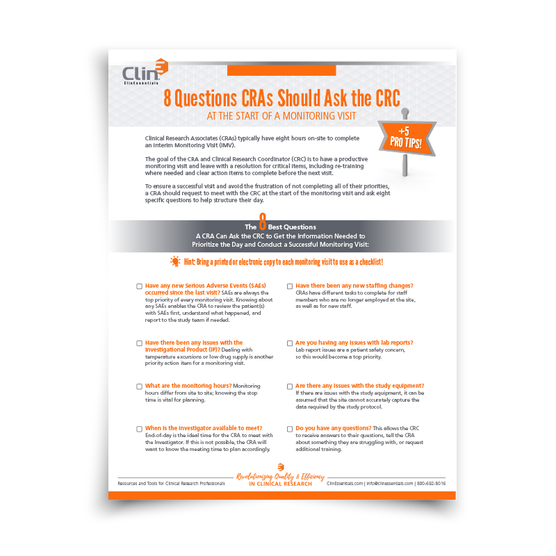 8 Questions CRA Ask CRC Start of Monitoring Visit