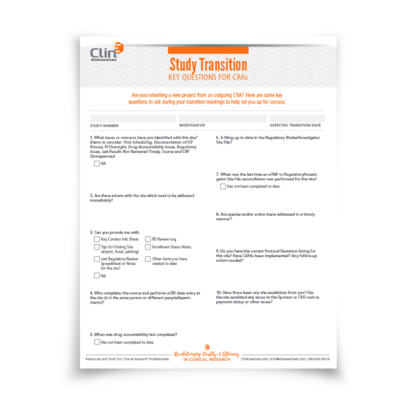 Study Transition Checklist for CRAs